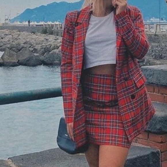 2 piece skirt set: Double Breasted Tartan plaid Blazer & mini Skirt red - Picture 2 of 11